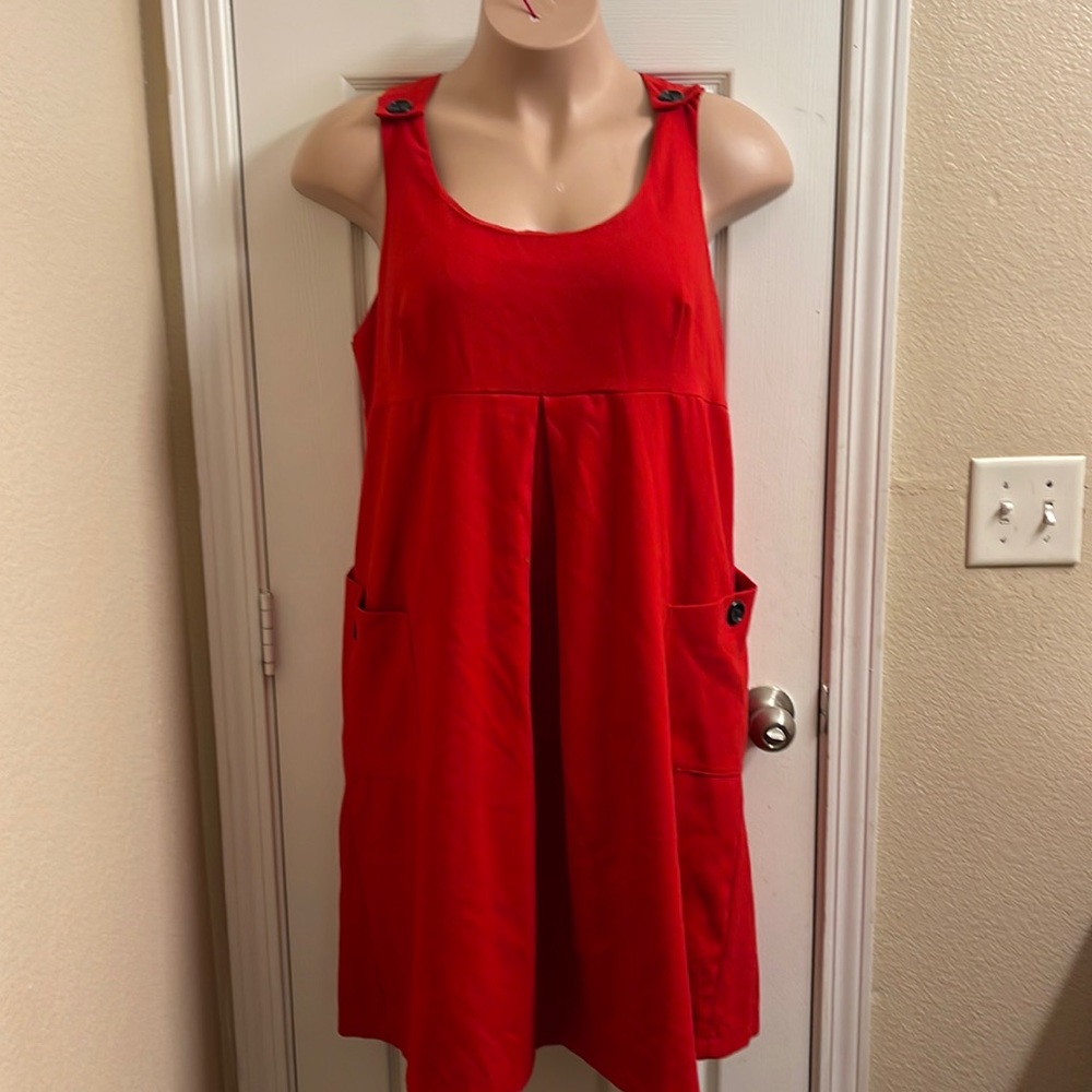 Red Midi Above The Knee Pleated front dress with Buttons on shoulders